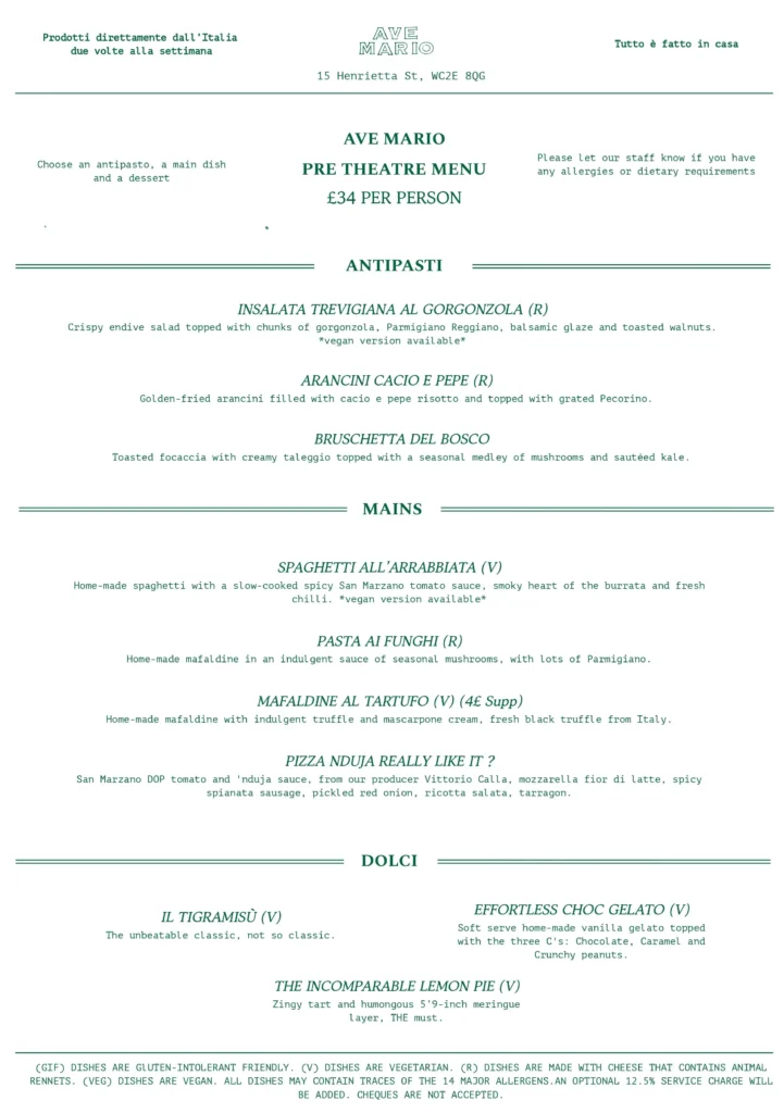 Ave Mario Pre Theatre Menu