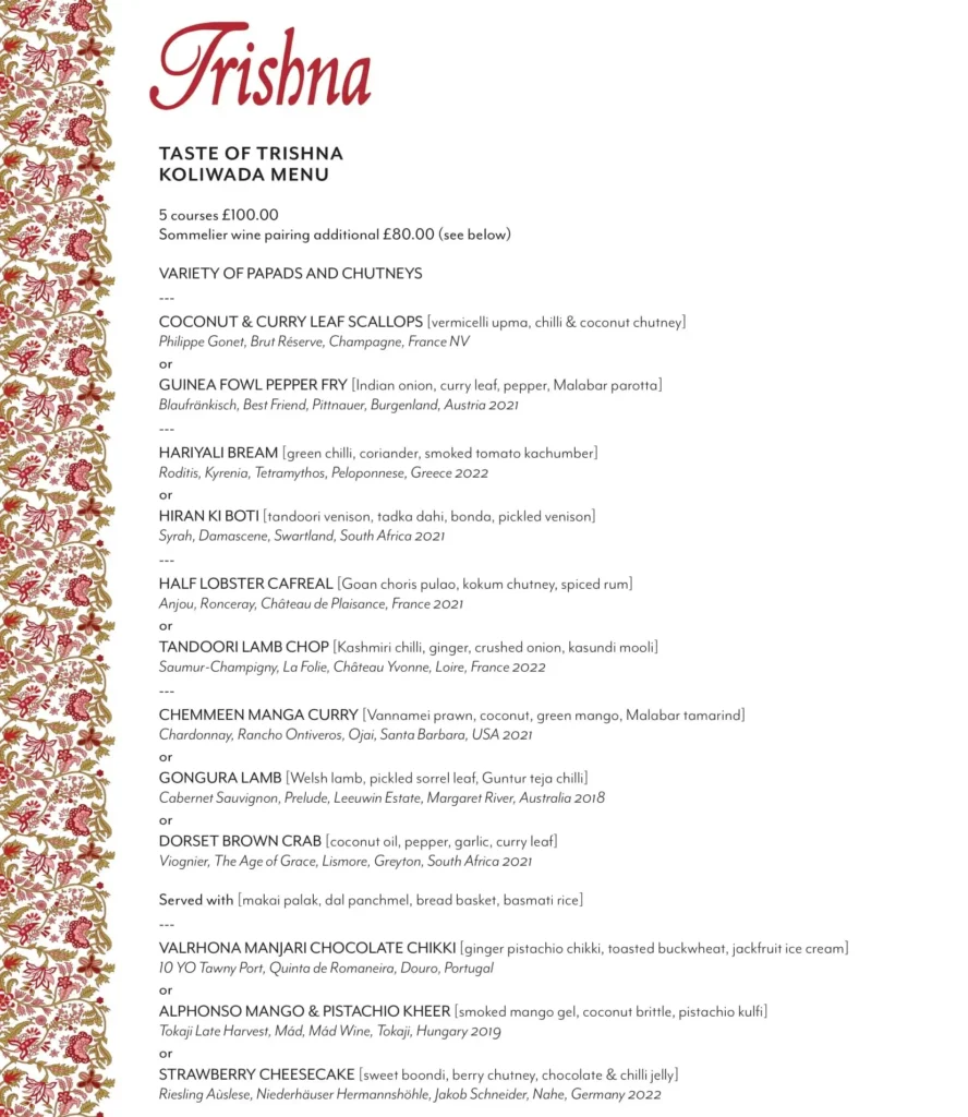 Trishna Koliwada Tasting Menu