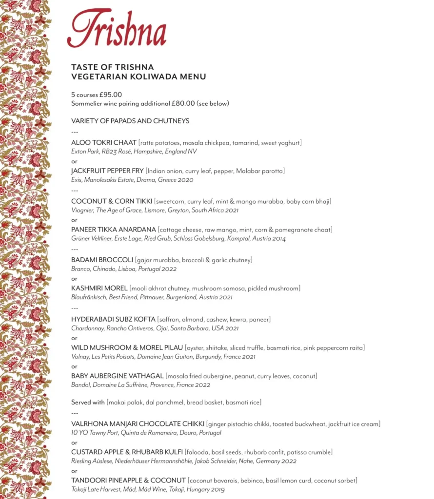 Trishna Vegetarian Koliwada Menu