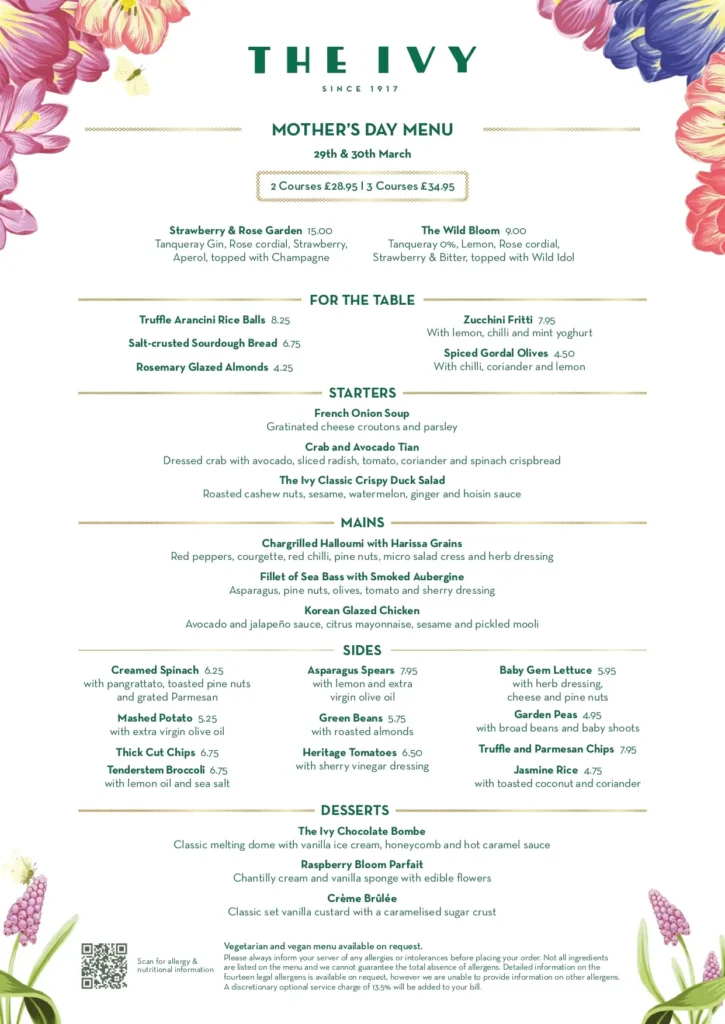 The Ivy Soho Mother’s Day Menu With Prices