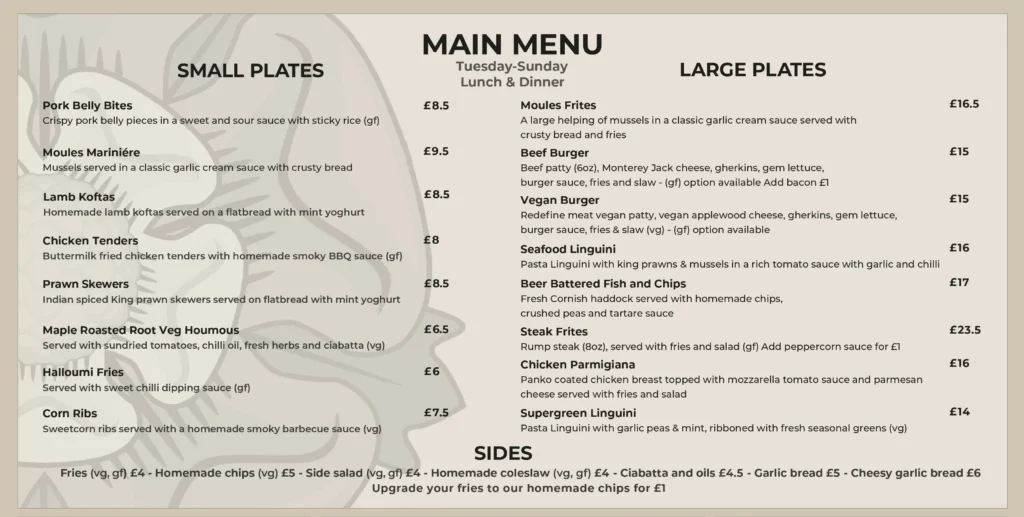 Rose and Crown Bristol Menu
