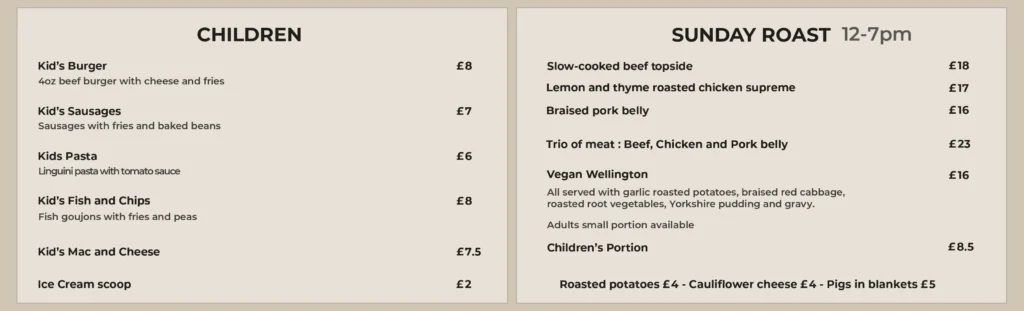 Rose and Crown Food Menu