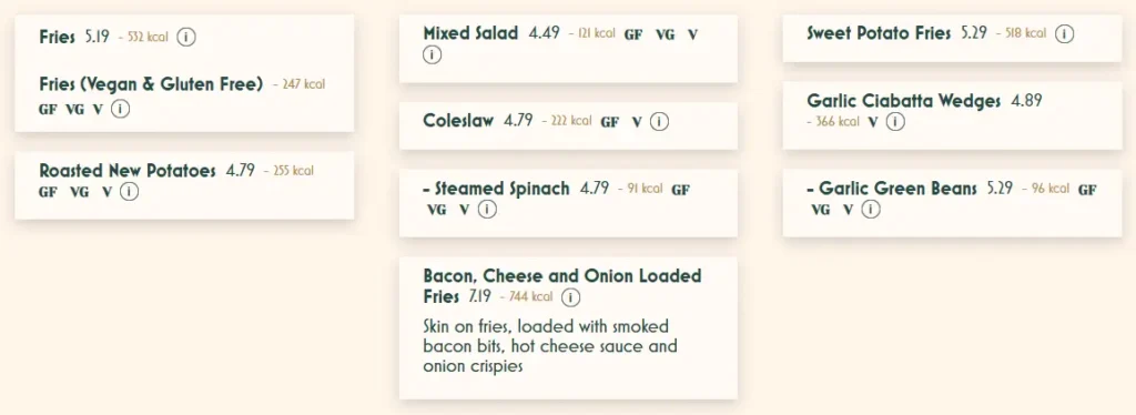 Bella Italia Sides Menu